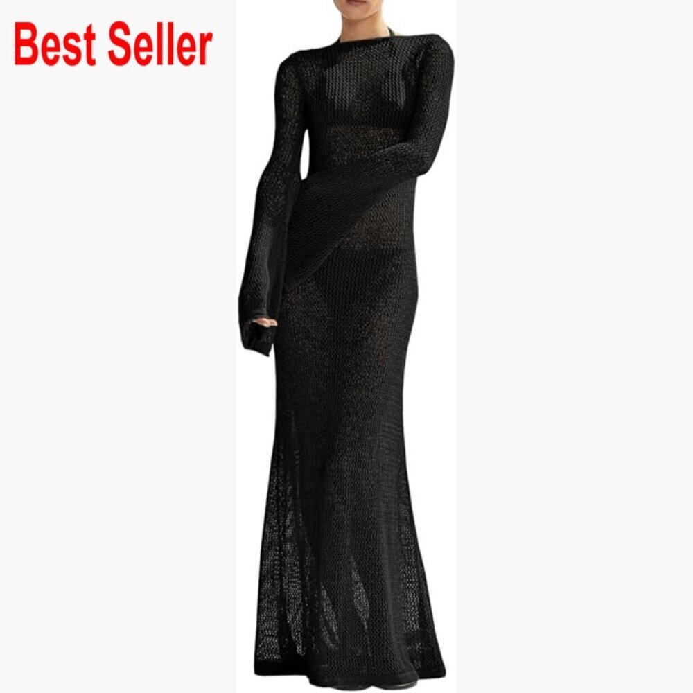 Crochet Knit Backless Maxi Dress Swimsuit Coverup Long Sleeve
